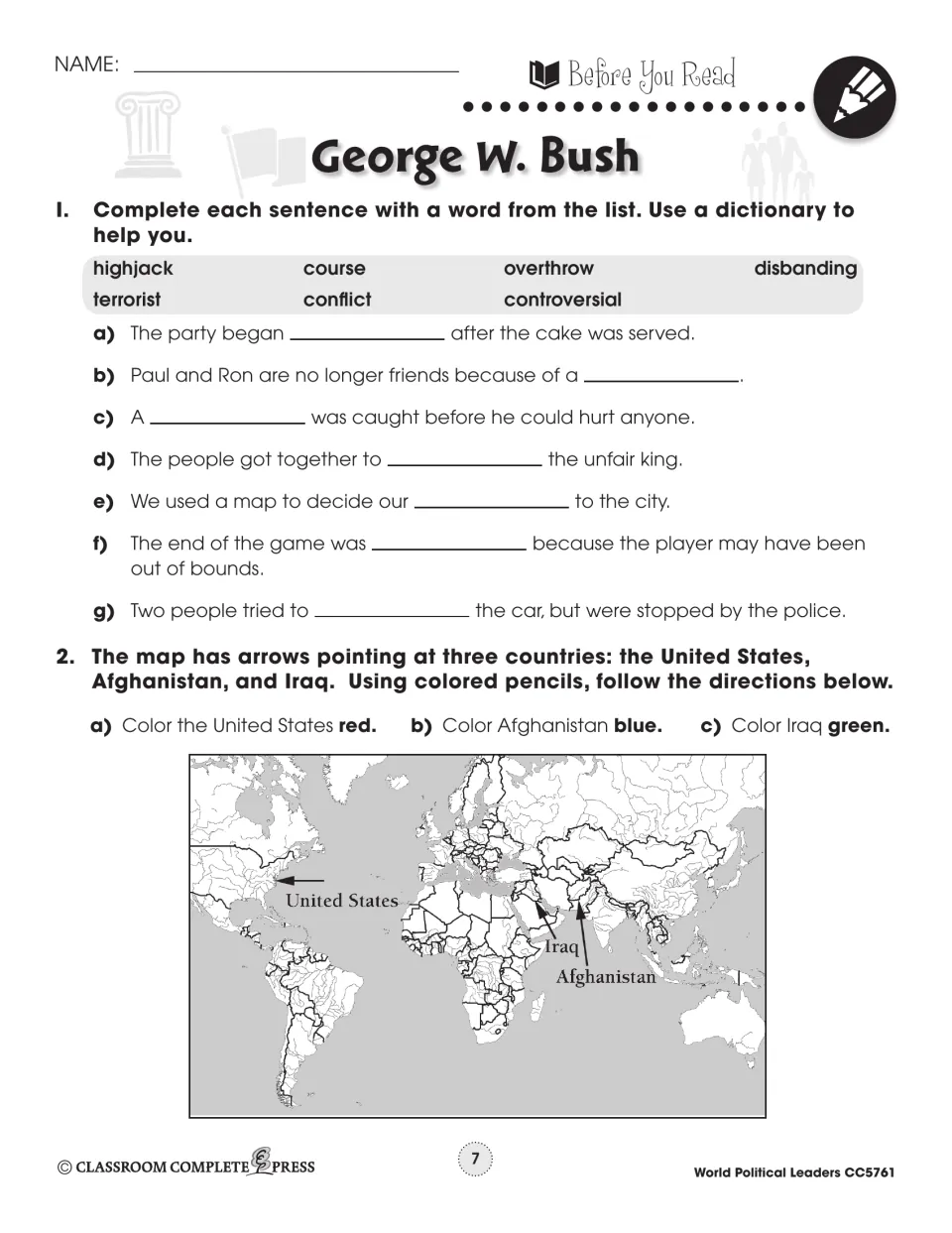 George W. Bush before-reading activities: vocabulary sentences and a map of the U.S., Afghanistan, and Iraq