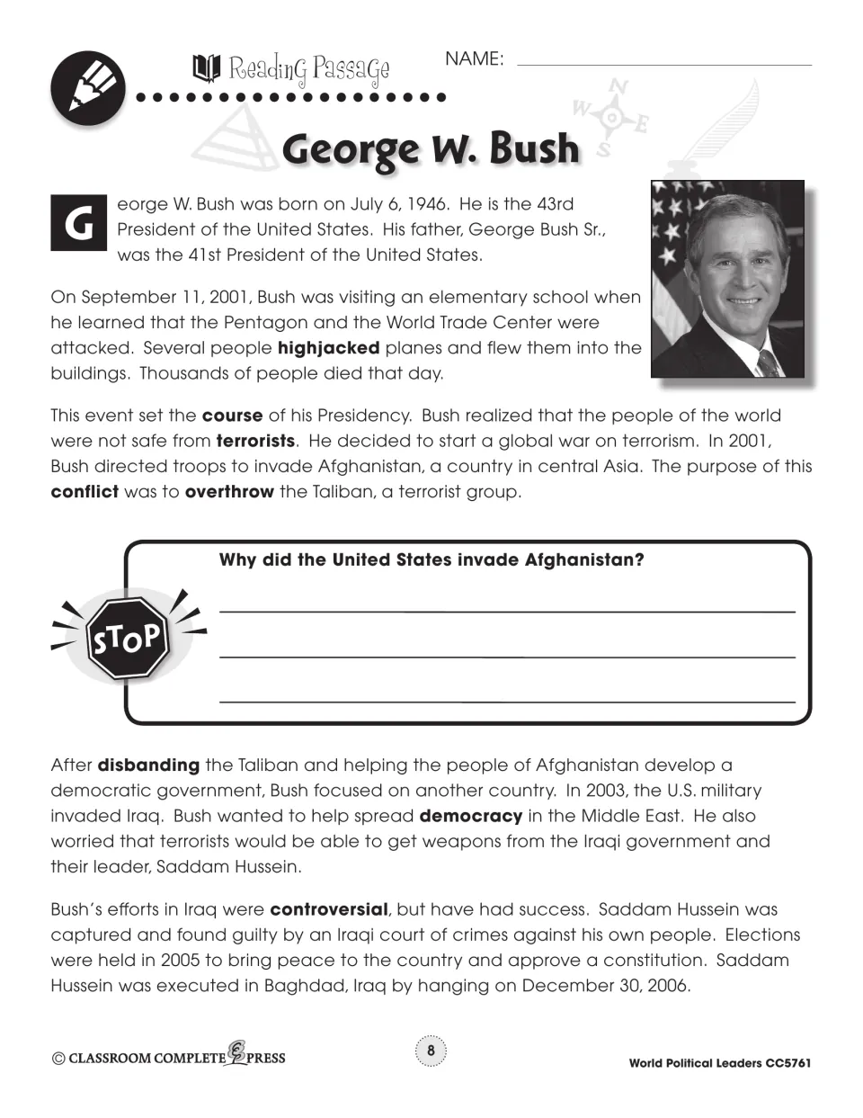 George W. Bush reading passage about September 11, Afghanistan, and Iraq, with an embedded comprehension question