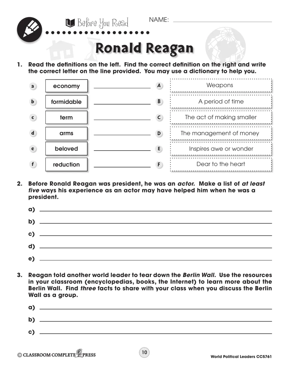 Ronald Reagan before-reading activities: vocabulary matching, acting experience, and Berlin Wall research