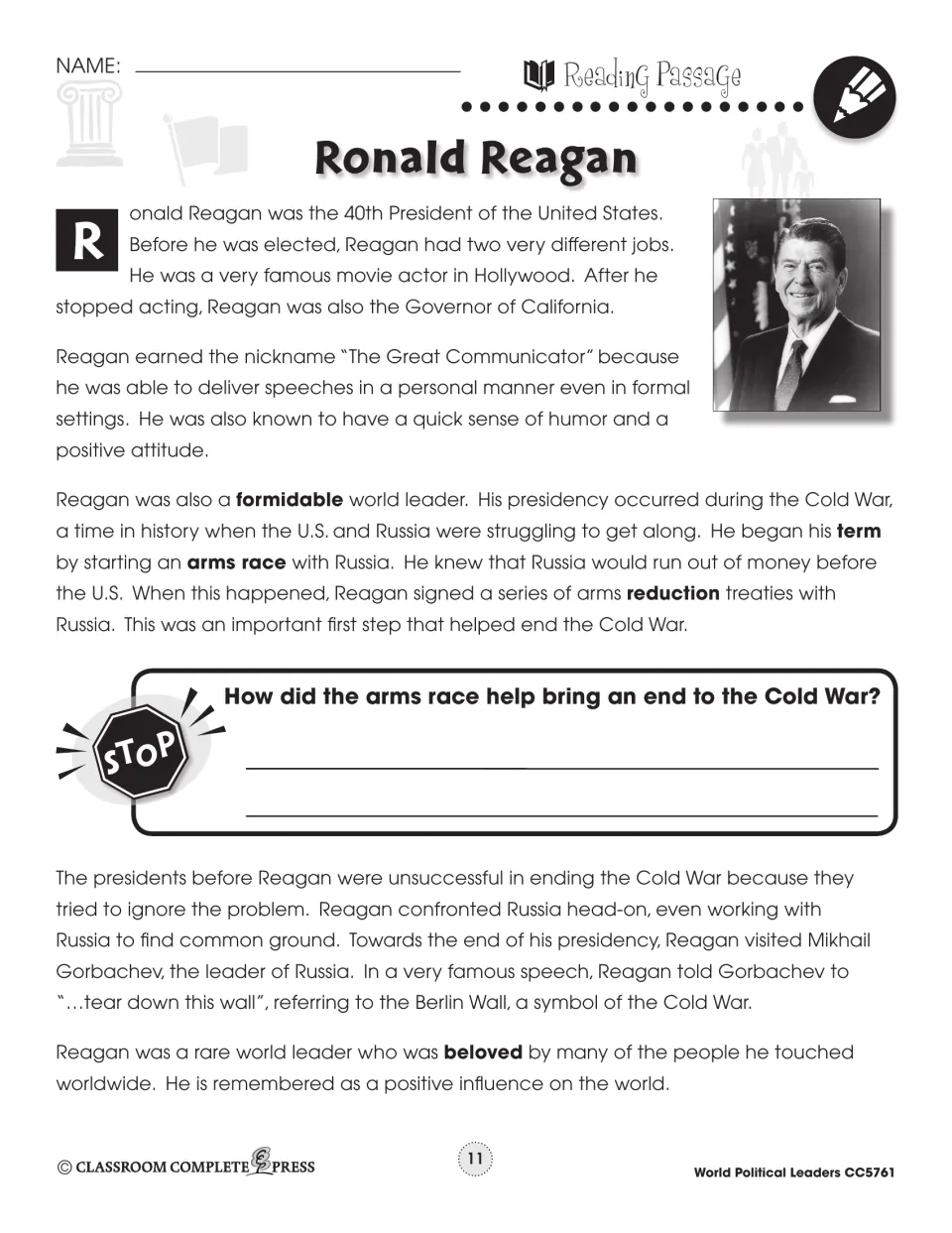 Ronald Reagan reading passage on his career, communication, and the Cold War, with an arms race question