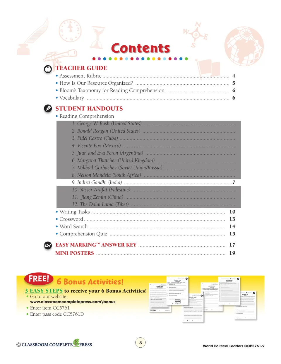 Contents listing the teacher guide, Indira Gandhi reading (leader 9 of 12), writing tasks, quiz and answer key