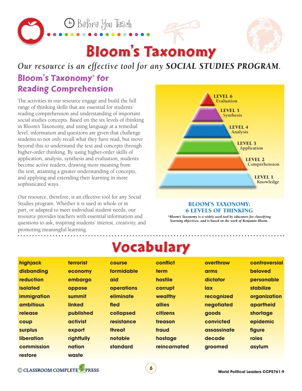 Bloom's Taxonomy pyramid of six thinking levels above a vocabulary list: highjack, terrorist, apartheid and more