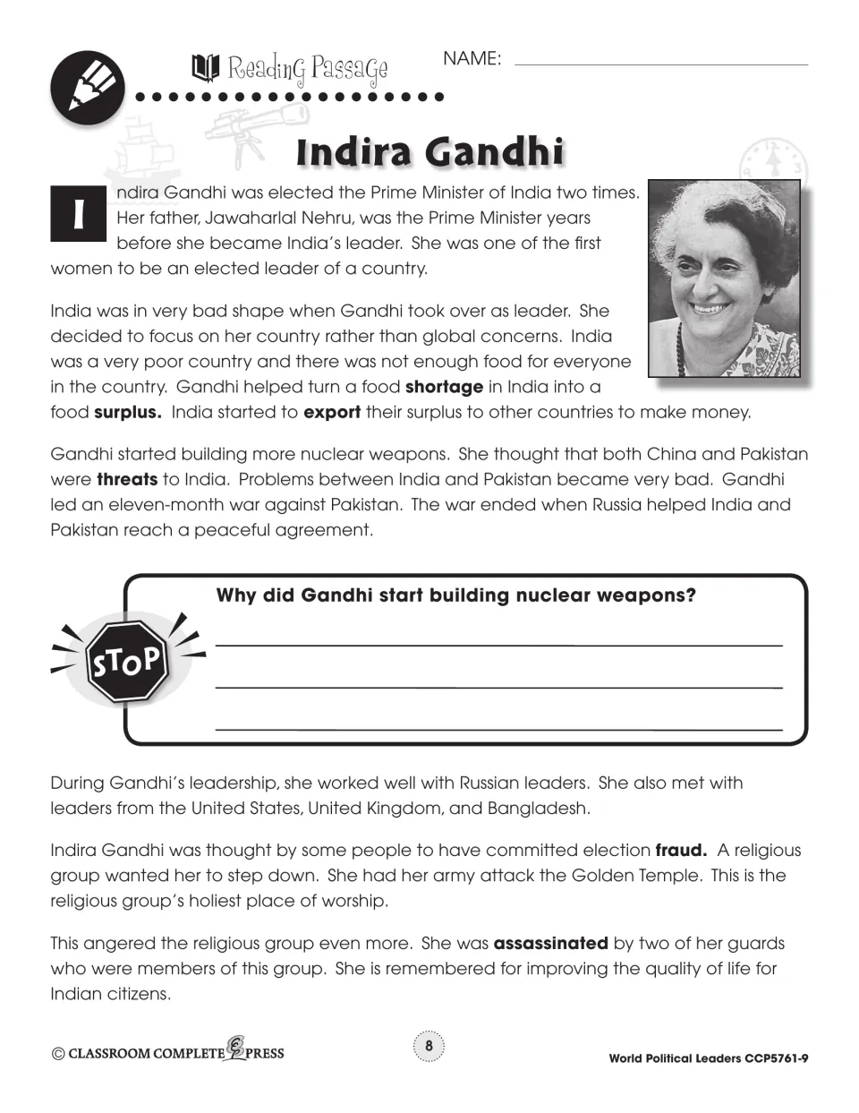 Indira Gandhi reading passage: two terms as Prime Minister, food surplus, war with Pakistan and her assassination