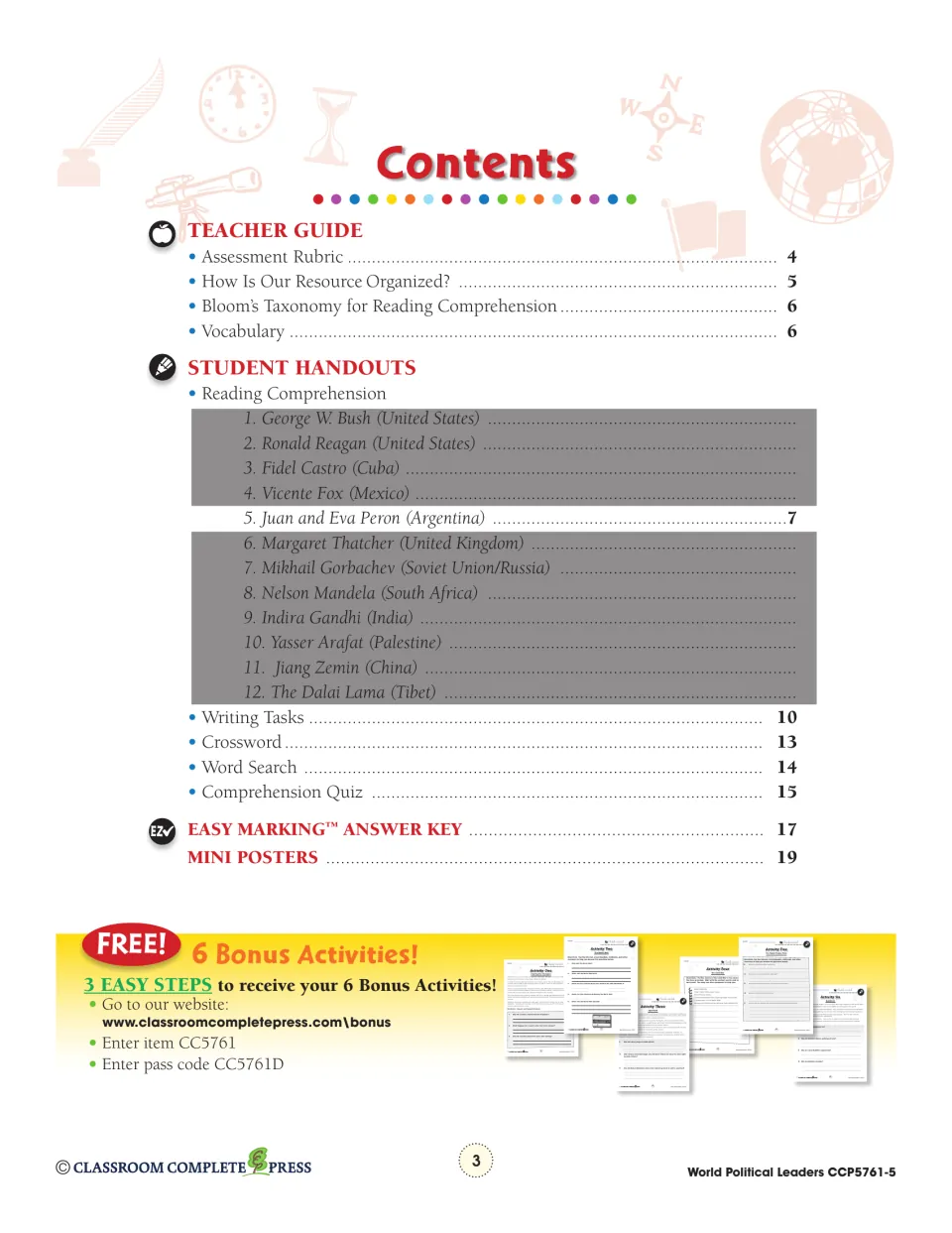 Contents lists the Peron reading, teacher guide, writing tasks, puzzles, quiz, answer key, and mini posters