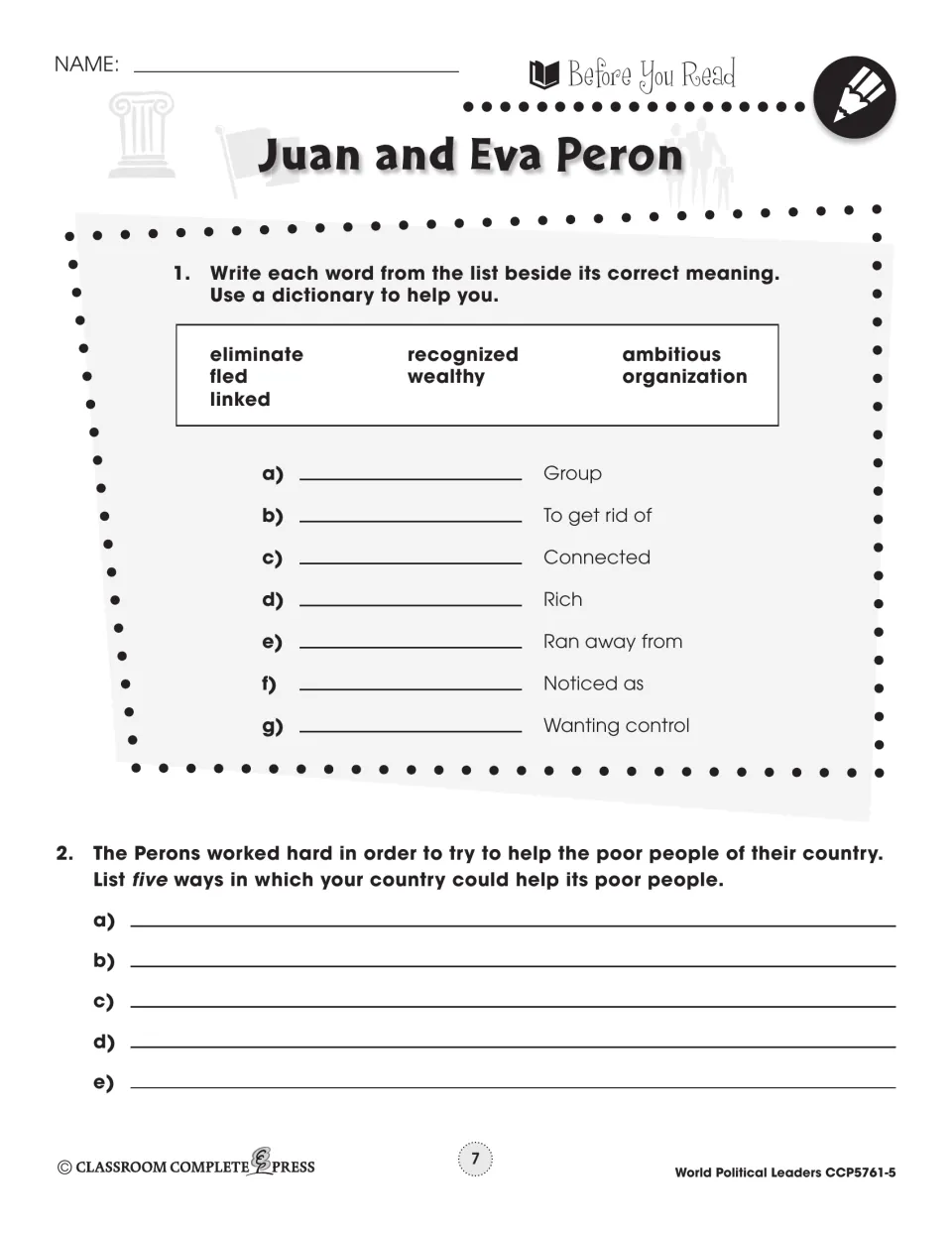 Before-reading activity asks students to match seven vocabulary words and list five ways to help the poor