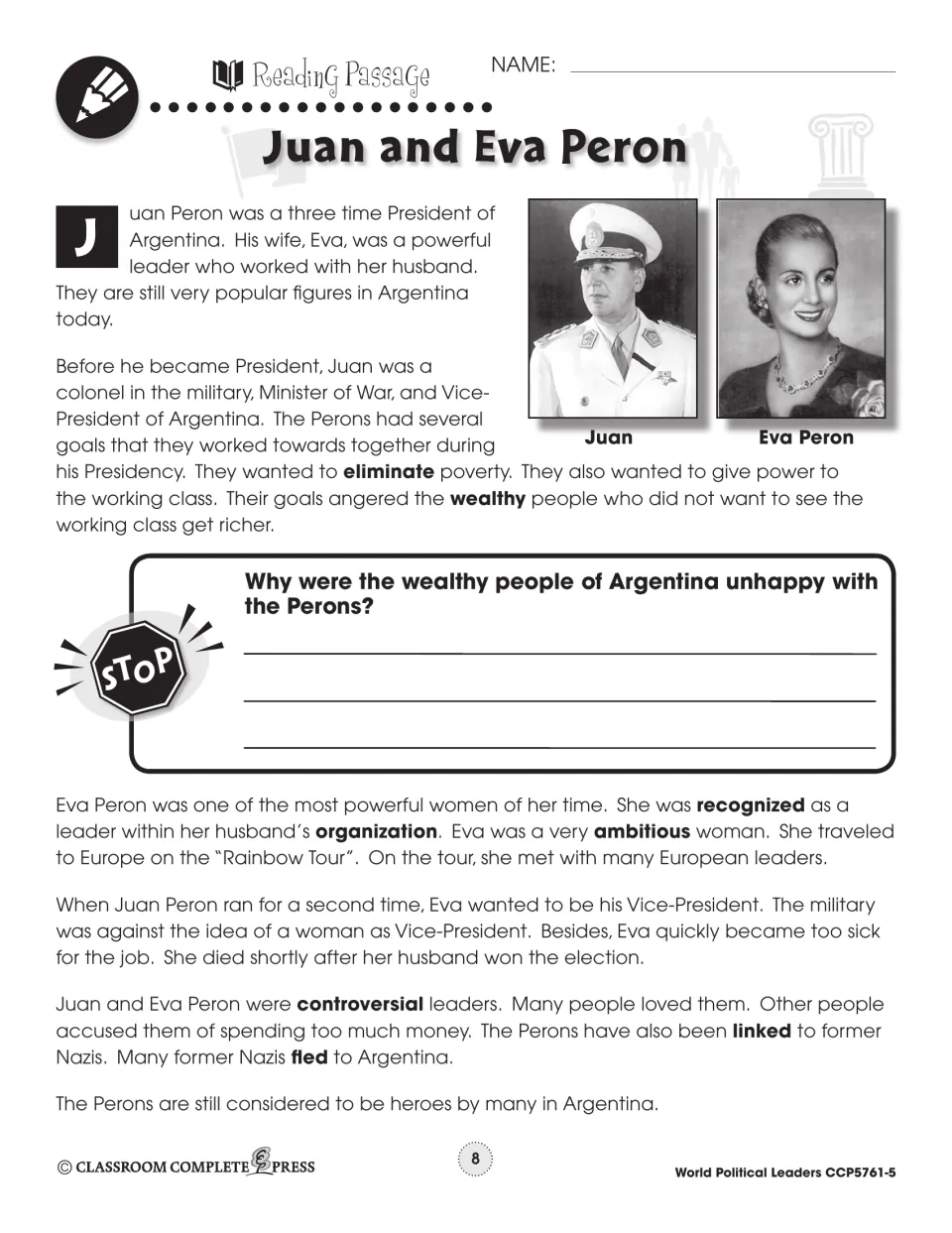 Reading passage covers the Perons' political goals, Eva's Rainbow Tour, and controversy over their leadership
