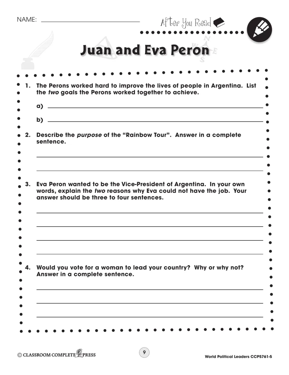 After-reading questions review the Perons' goals, Rainbow Tour, Eva's vice-presidential hopes, and women leaders