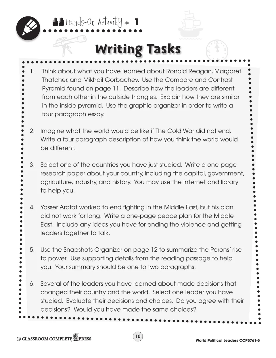 Six writing tasks include summarizing the Perons' rise to power, comparing leaders, and researching a country