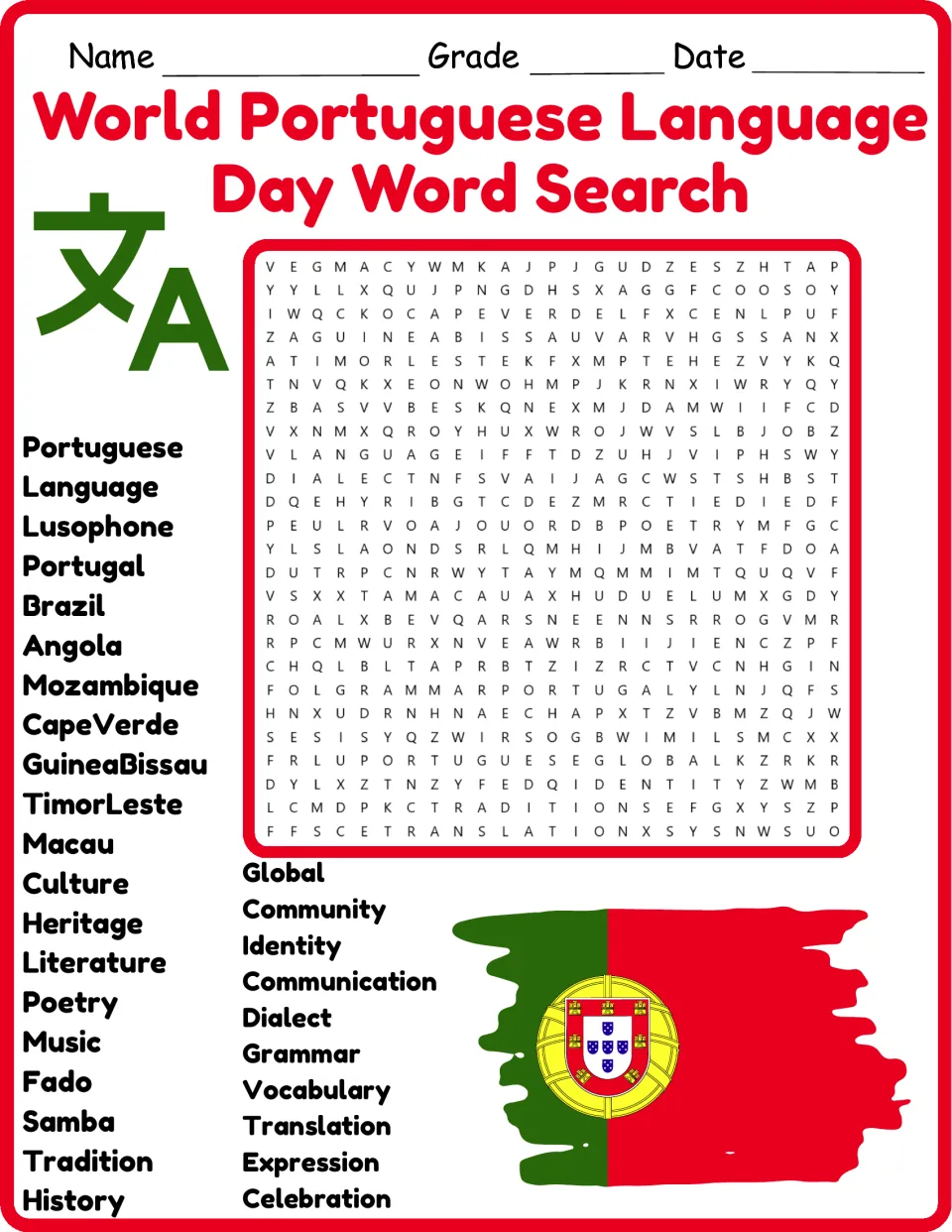 Portuguese Language Day puzzle in color: students find 30 words like Lusophone, Brazil, Fado and Samba in a letter grid