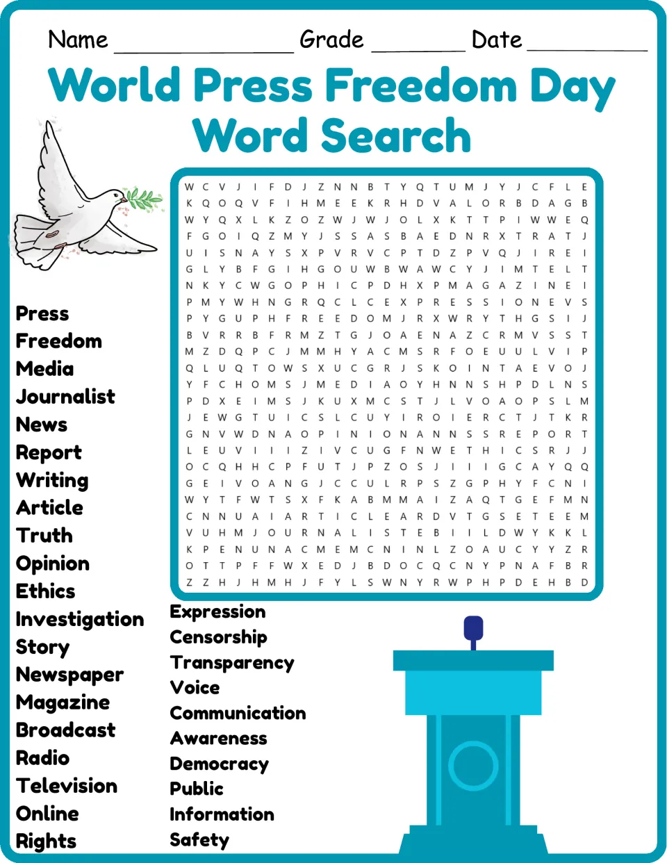 World Press Freedom Day vocabulary: students find 30 words like journalist, censorship and democracy in a color puzzle