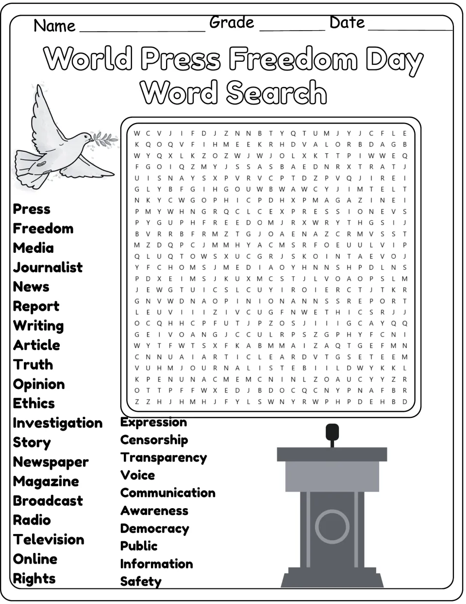 Press freedom words in black and white: students locate media terms such as truth, ethics and broadcast in the puzzle