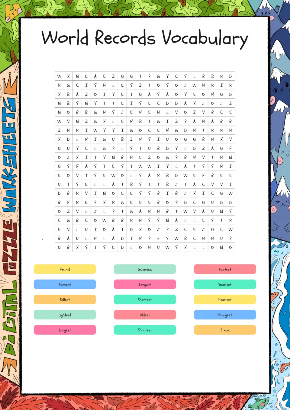 World records word search: students find 15 words such as Guinness, record, fastest, tallest, oldest and break