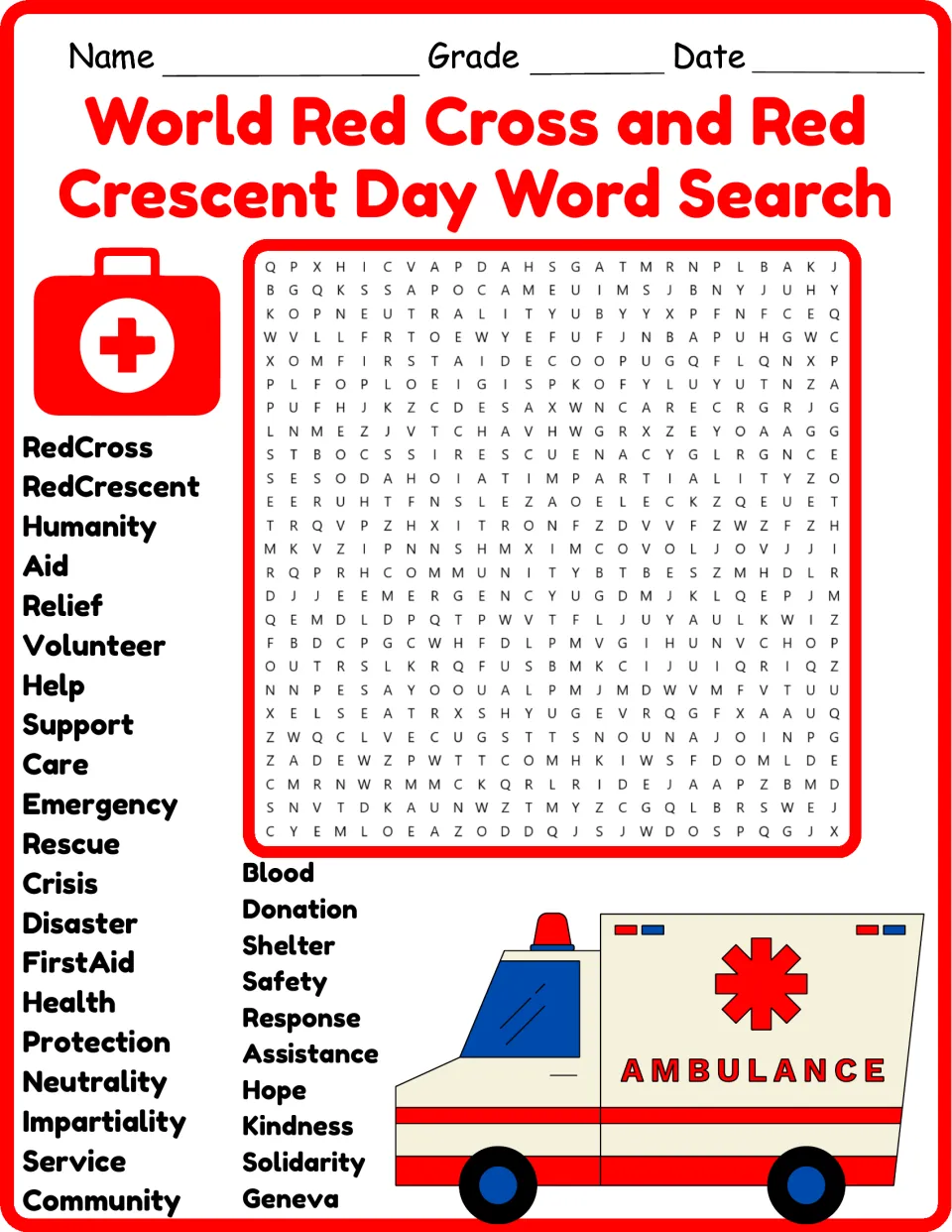 Color version of the Red Cross and Red Crescent word search: humanity, aid, relief, volunteer, and rescue.