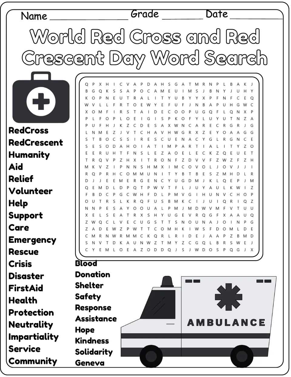 Black-and-white version of the Red Cross and Red Crescent word search: blood, donation, shelter, and safety.
