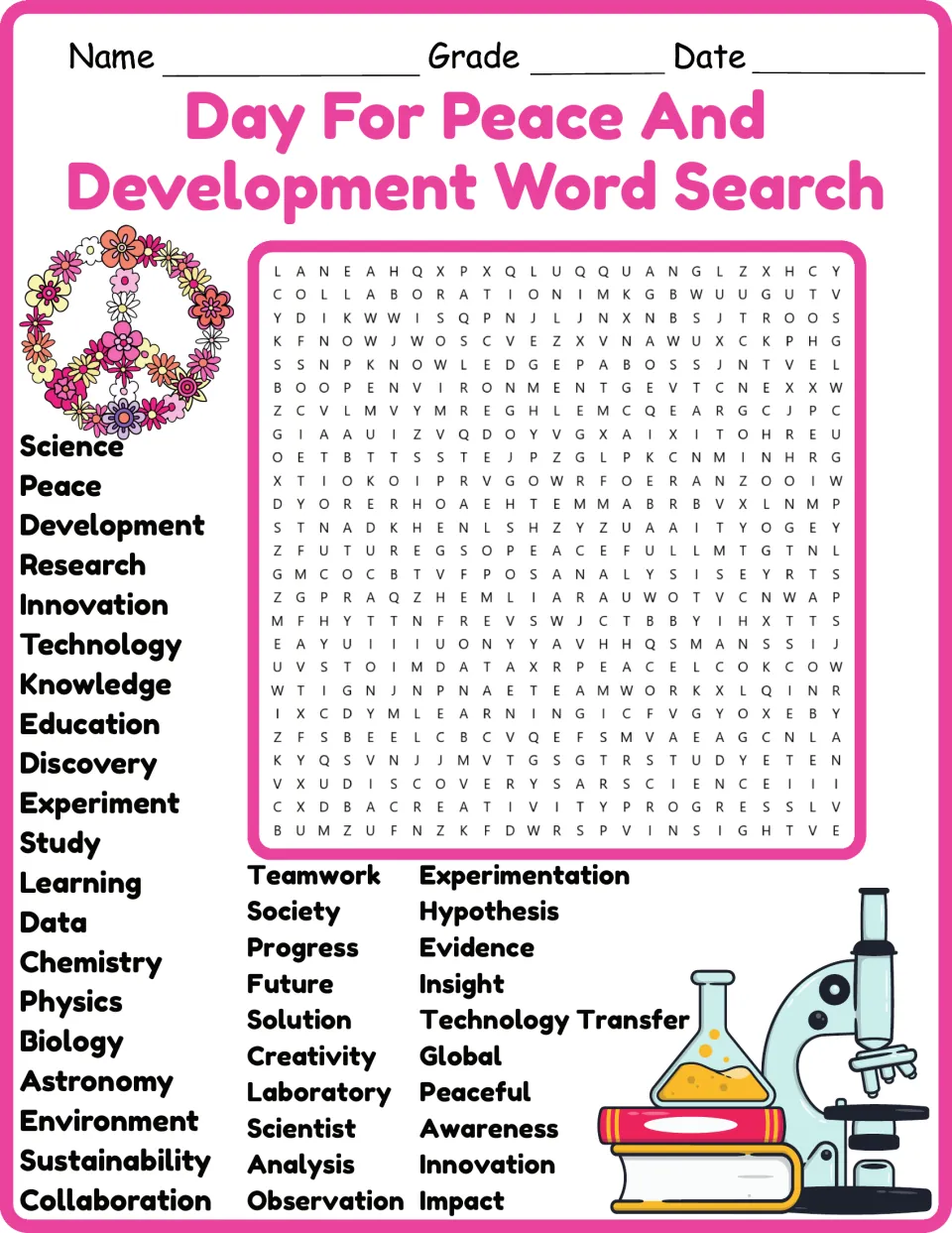 Day for Peace and Development word search in color: students find 40 science words such as hypothesis, research and data