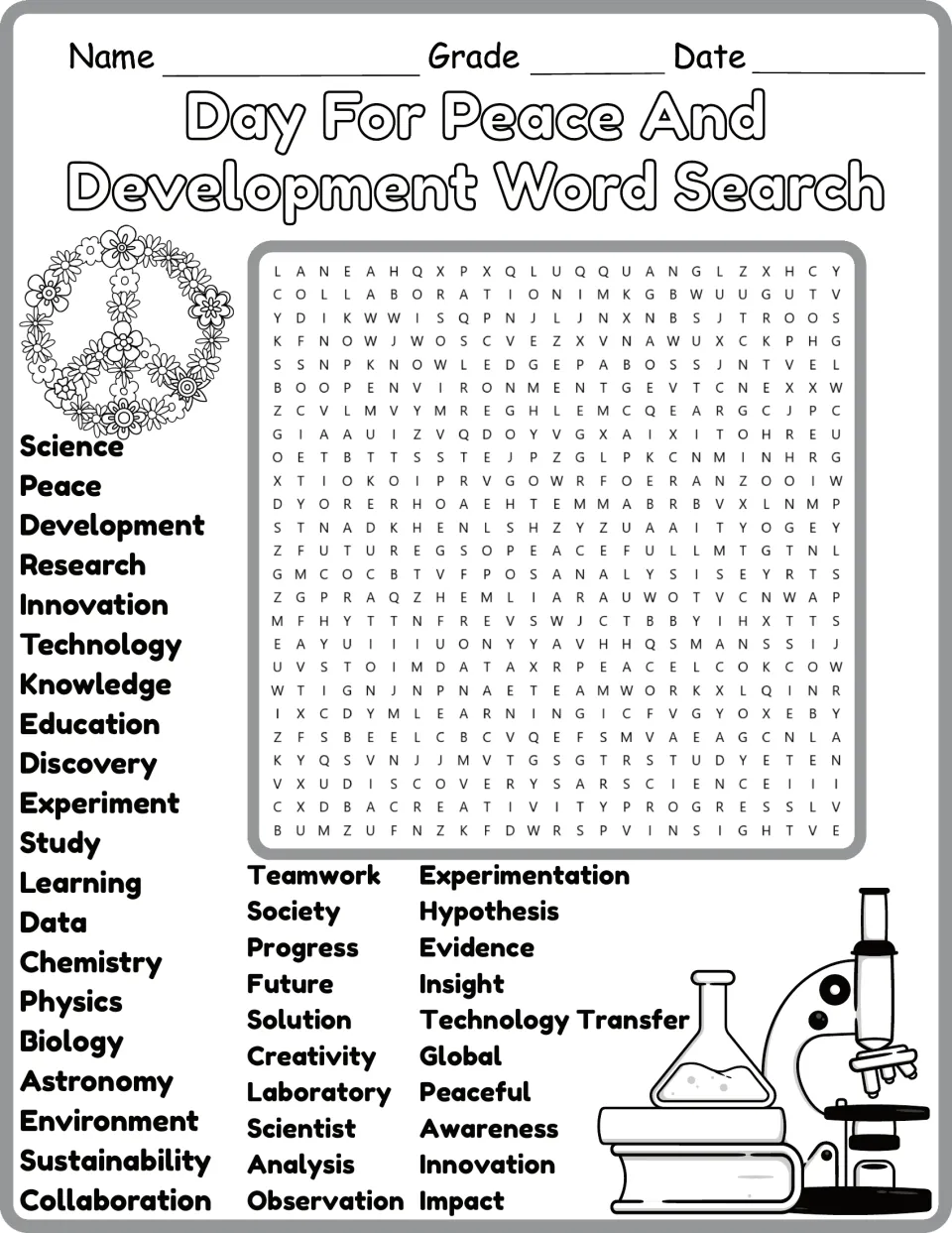 Black-and-white science vocabulary word search: students hunt for 40 terms like laboratory, chemistry and observation