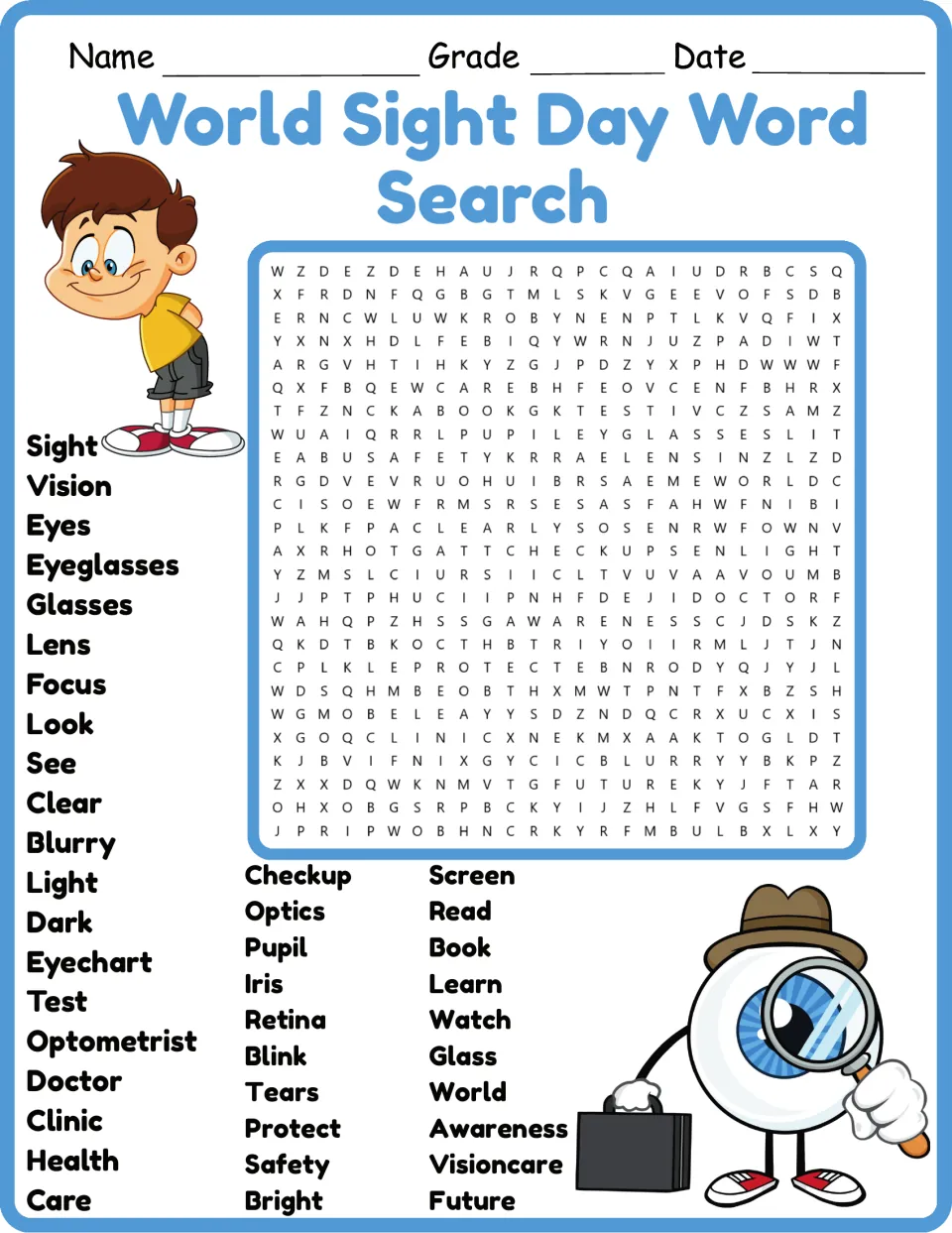 Color word search on eye health with 40 words to find, including sight, vision, eyes, and optometrist