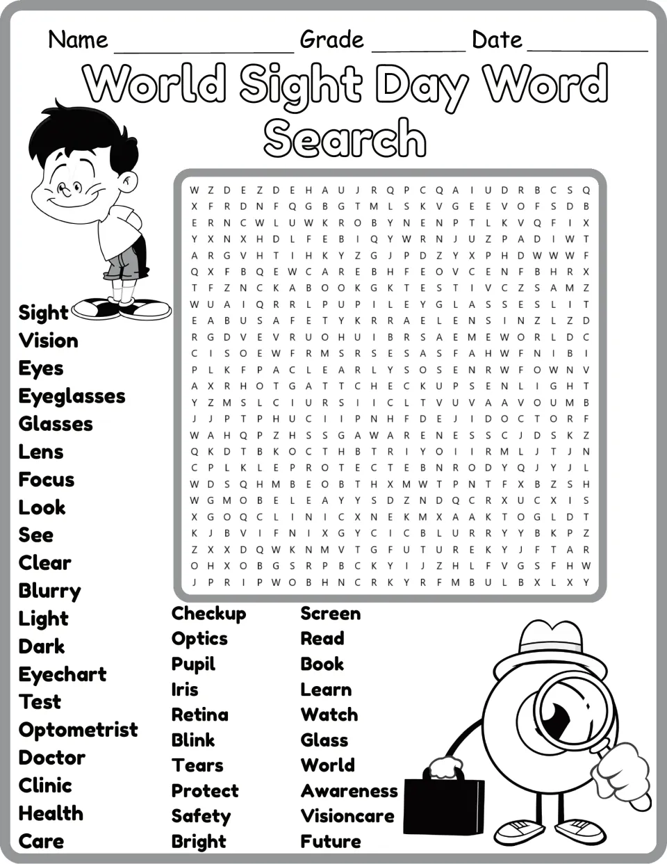 Black-and-white eye health word search with 40 terms, including eyeglasses, pupil, iris, and retina