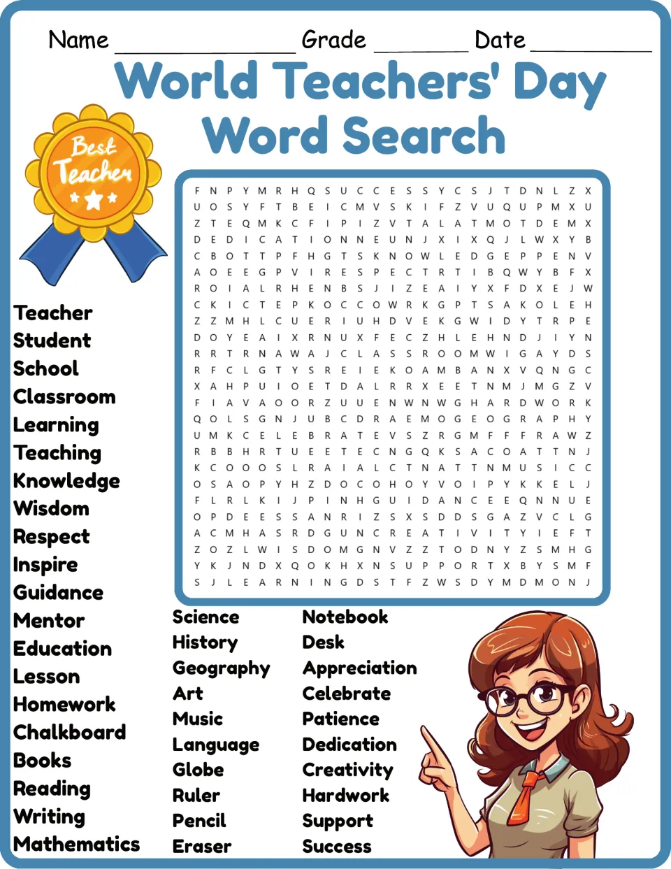 Color version of the teacher appreciation word search with 40 words, including teacher, student, and school.