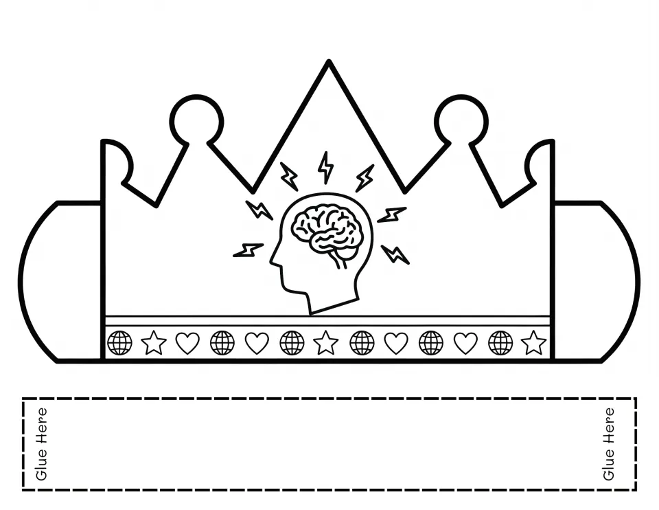 Crown to colour and cut: a head with a glowing brain at center above a band of globes, stars and hearts, plus a glue strip