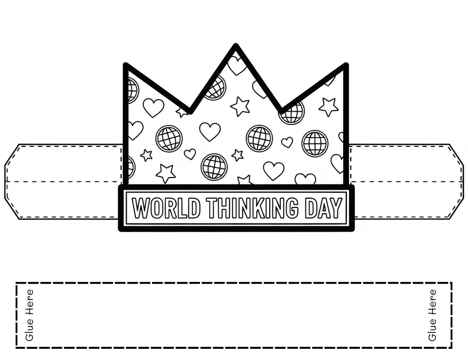 Crown labeled WORLD THINKING DAY with globes, hearts and stars to colour, side tabs and a strip to glue into a headband