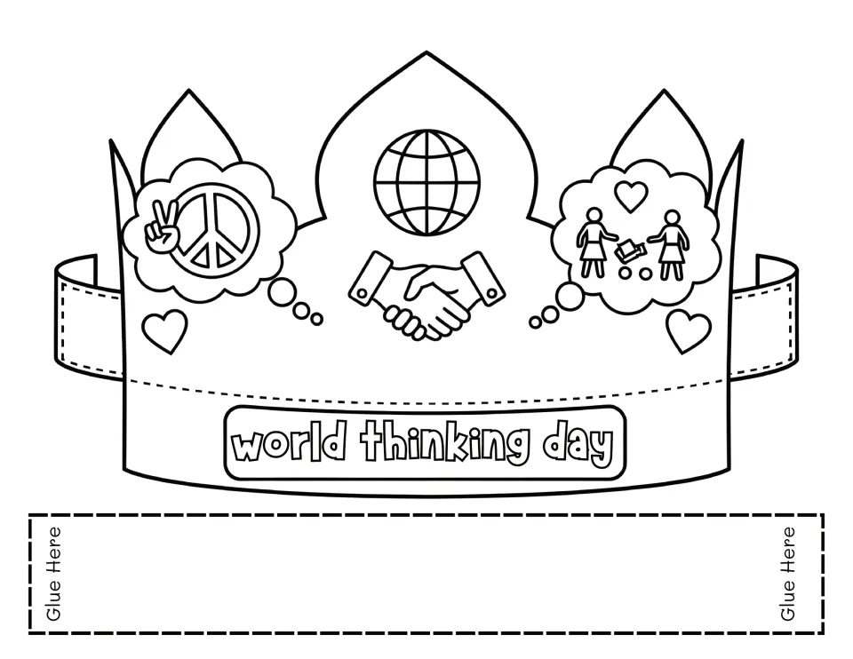 Crown showing a peace sign, a handshake under a globe and two children sharing, with a world thinking day banner to colour