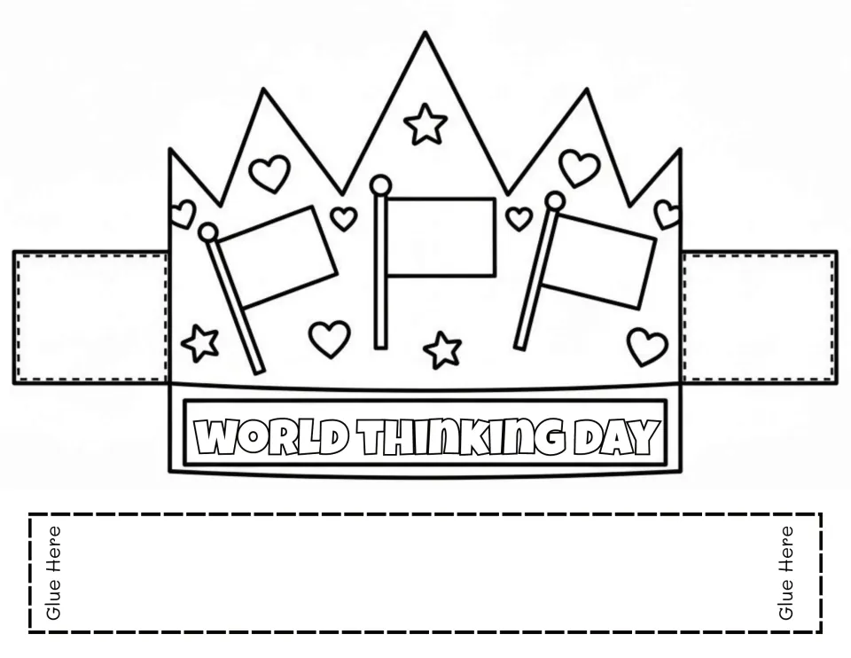 Crown with three blank flags among hearts and stars for students to colour or design, above a World Thinking Day label