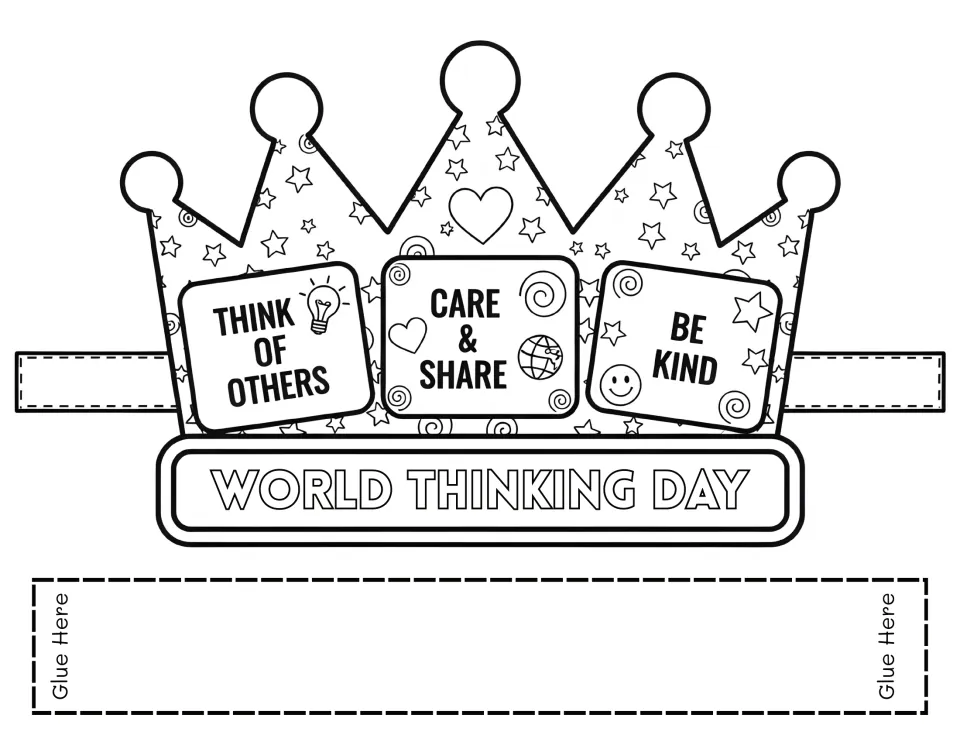 Crown with three messages to colour, Think of Others, Care & Share and Be Kind, on a star pattern with a headband strip