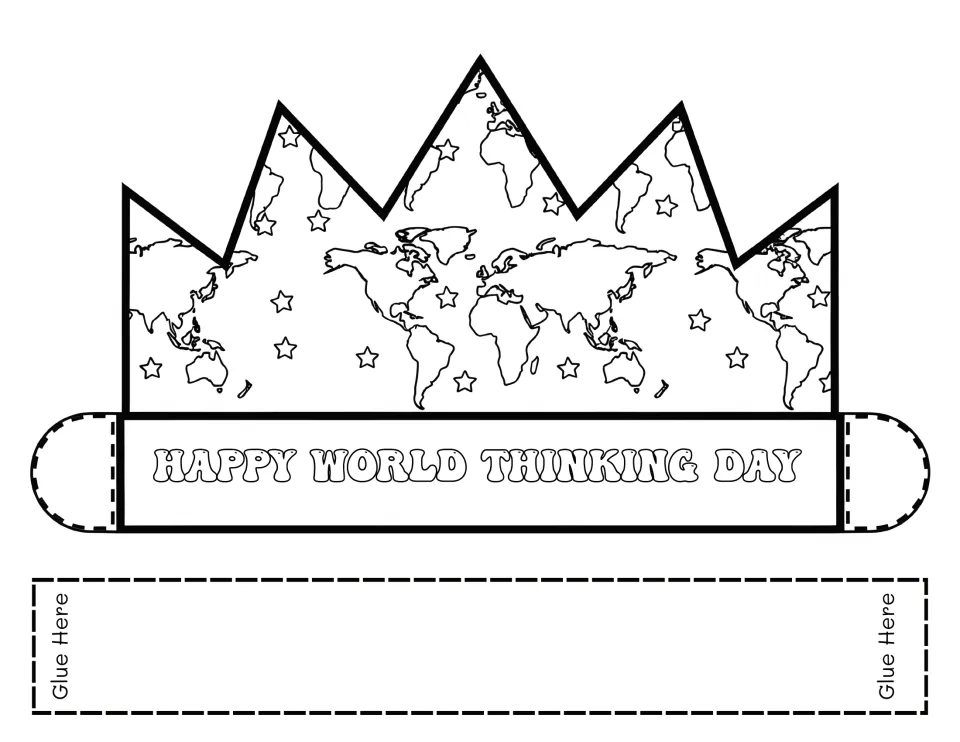 Crown filled with a world map and stars to colour, over a Happy World Thinking Day band with rounded tabs and a glue strip