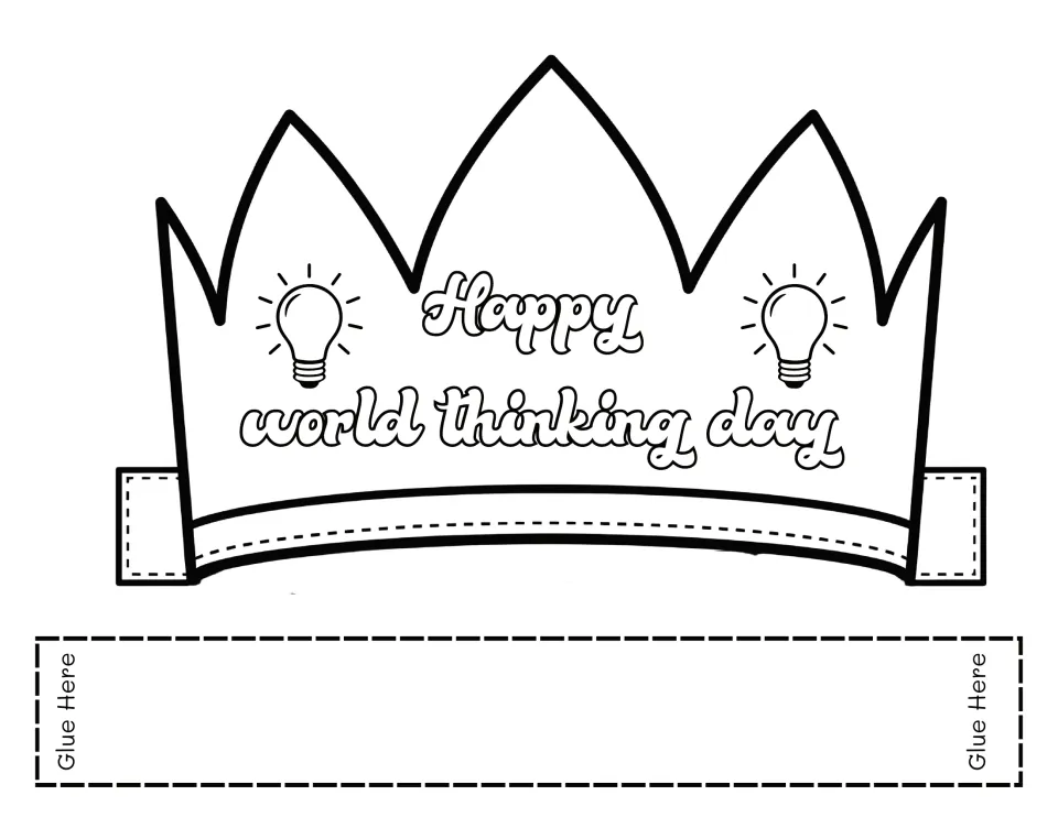 Crown with Happy world thinking day in bubble script between two light bulbs for students to colour, plus a strip to glue