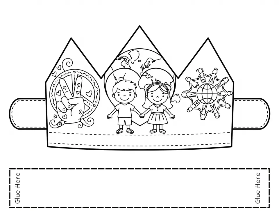 Crown to colour showing a peace hand sign, a boy and girl holding hands before a globe, and children circling the world