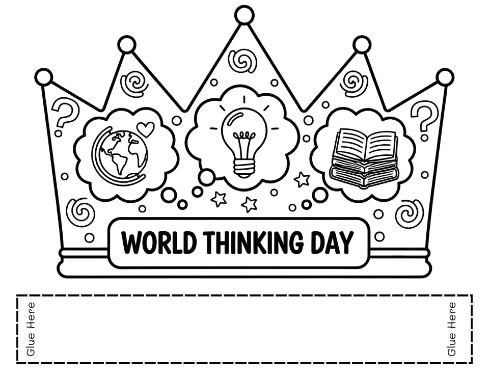Crown with a globe, a light bulb and a stack of books in thought clouds, plus question marks and a WORLD THINKING DAY sign