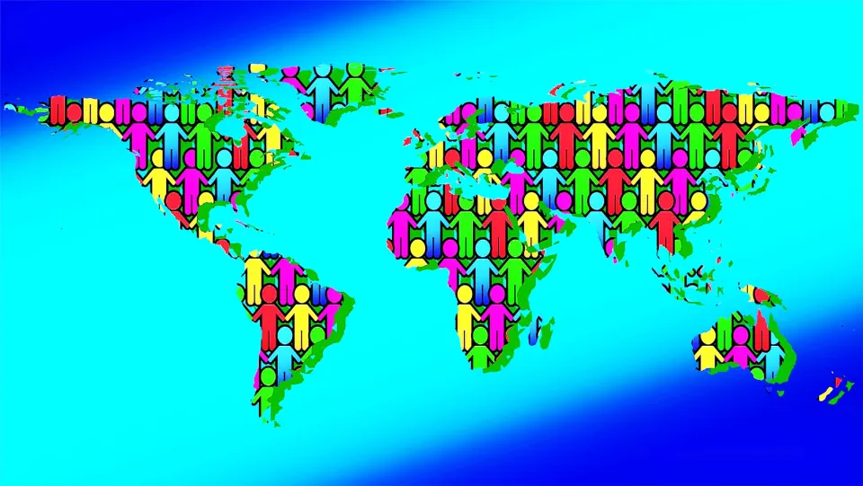 Complete map overview for the classroom display, showing continents filled with colorful human figures