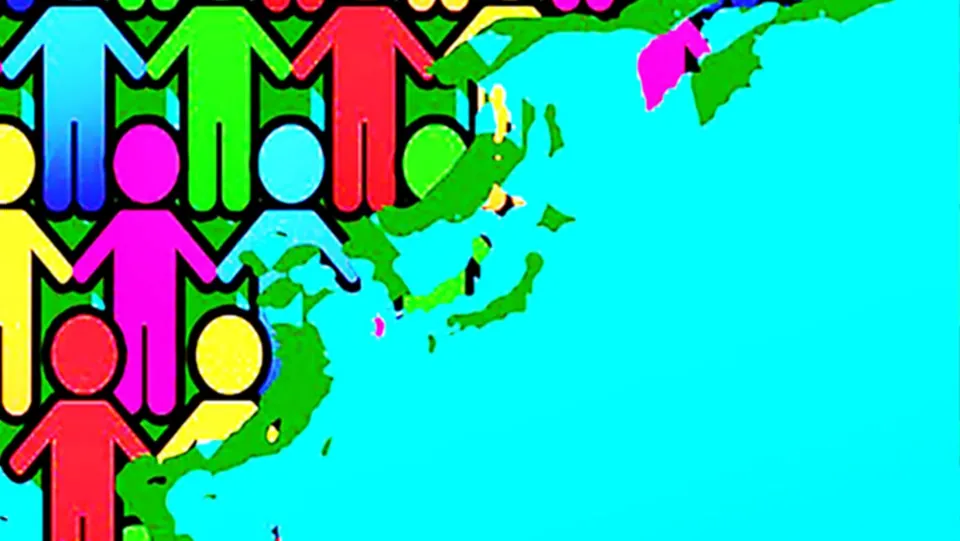 Enlarged display map section showing eastern Asia and Japan beside turquoise ocean, with human figures