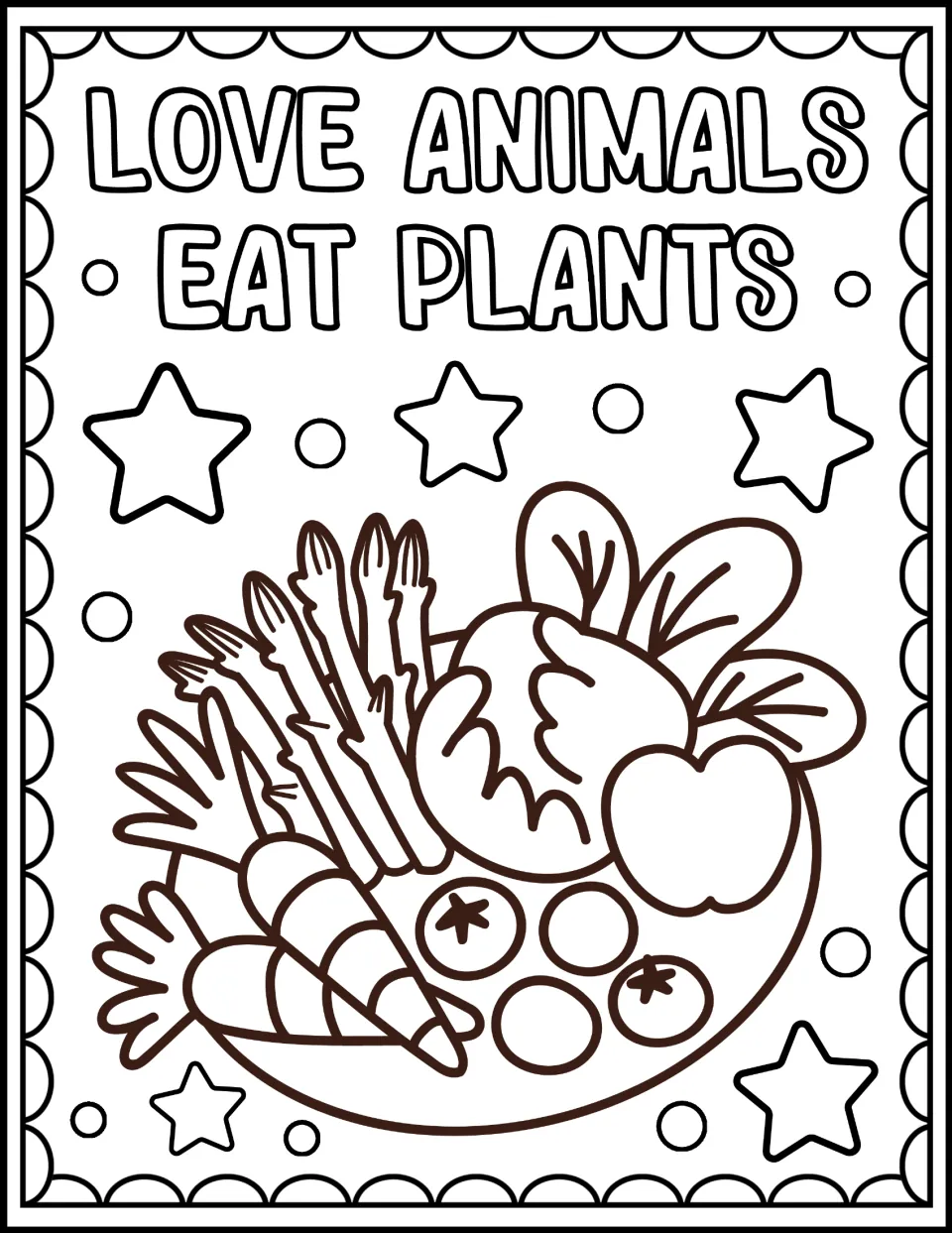 Love Animals Eat Plants coloring page: students color a plate of asparagus, carrots, lettuce, apple and berries