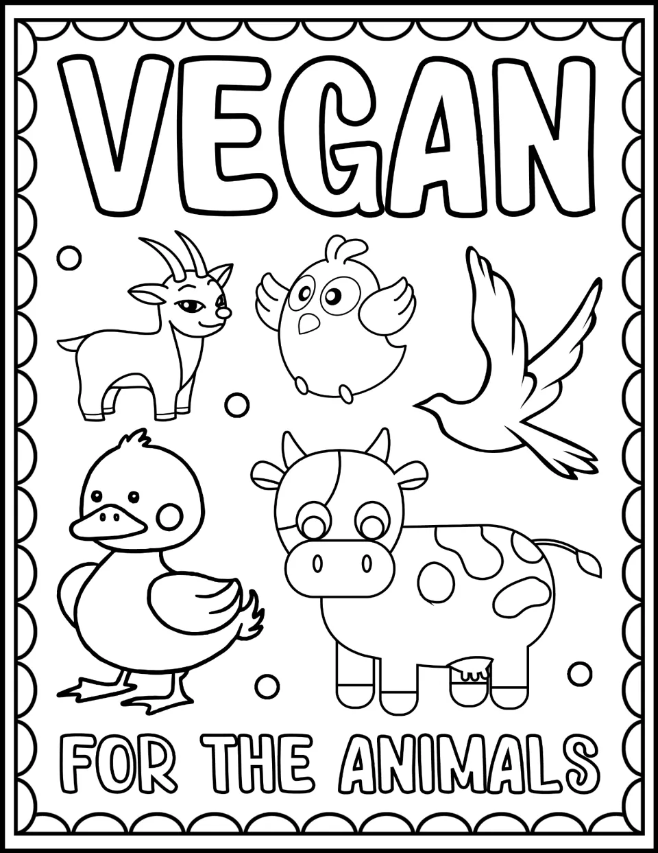 Vegan For the Animals coloring page: students color a goat, a round chick, a flying bird, a duckling and a spotted cow