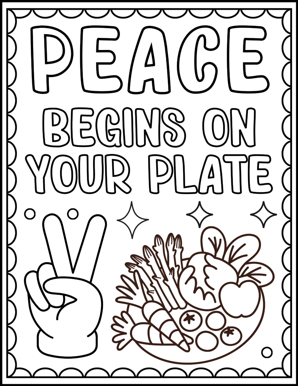 Peace Begins on Your Plate coloring page: students color a peace-sign hand and a plate of vegetables and fruit