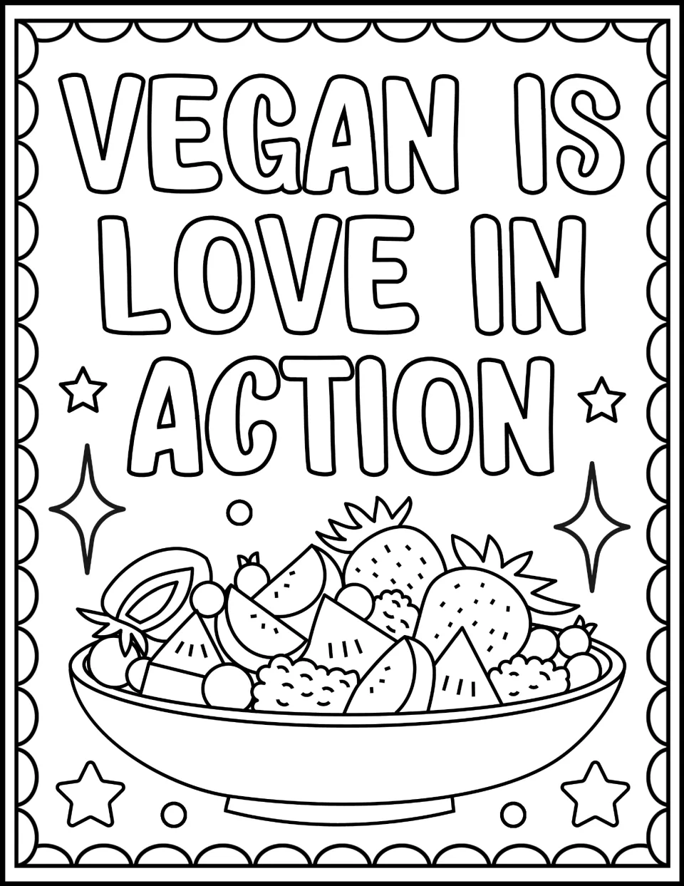 Vegan Is Love in Action coloring page: students color a bowl of strawberries, watermelon, apple slices and berries