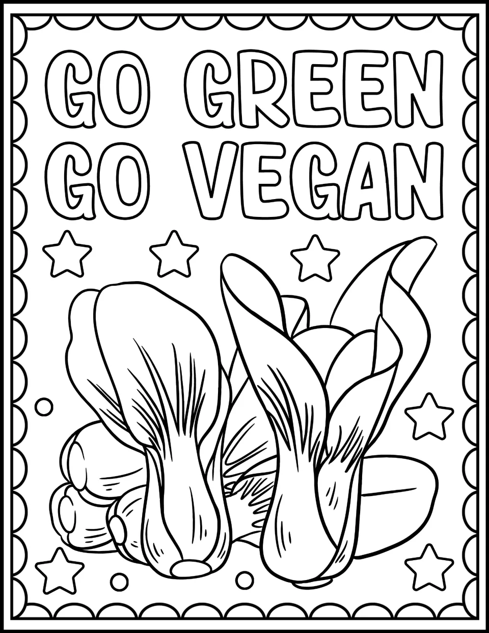 Go Green Go Vegan coloring page: students color the bubble-letter slogan and a detailed bunch of bok choy