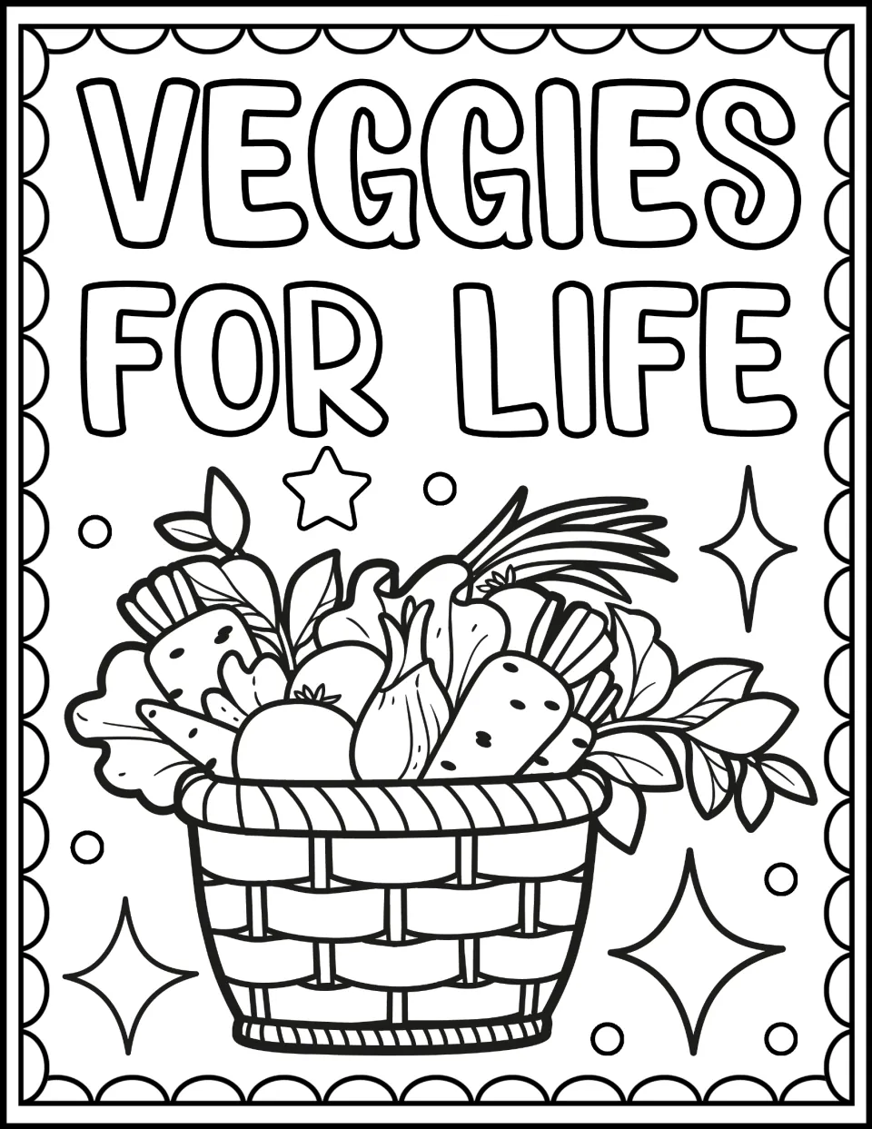 Veggies for Life coloring page: students color a woven basket filled with carrots, tomatoes, onion and greens