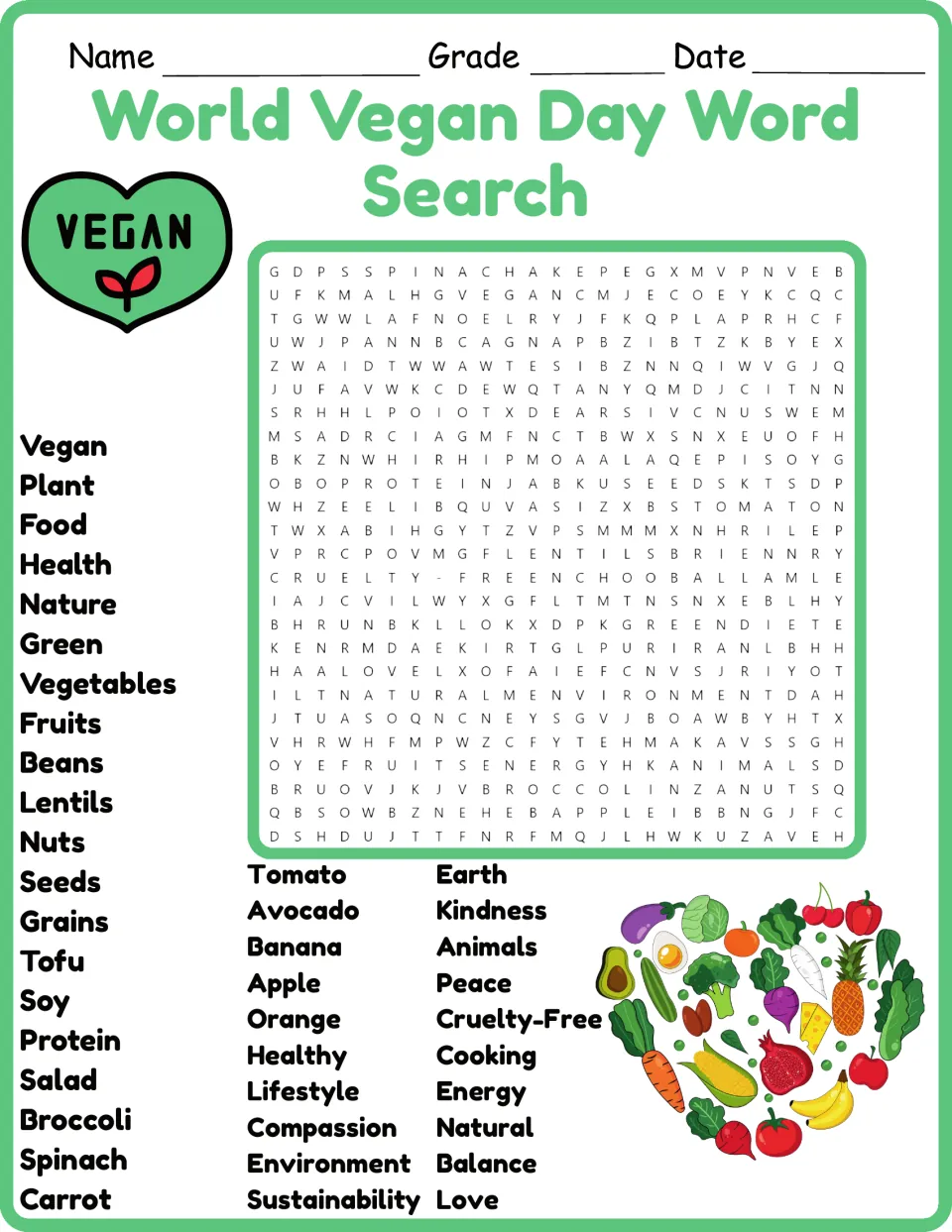 World Vegan Day vocabulary puzzle in color: students hunt for 40 hidden words such as tofu, lentils, compassion and peace