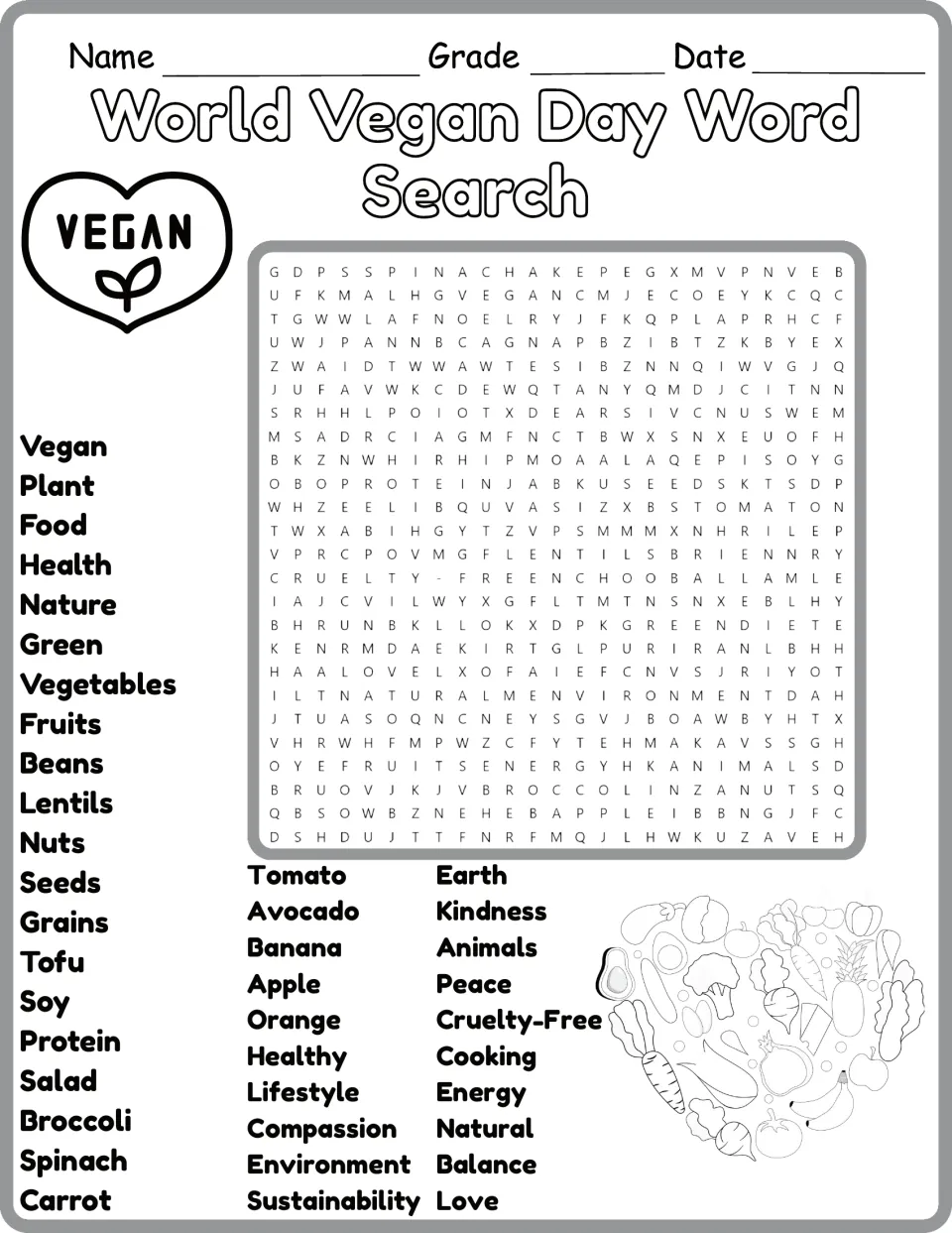 Black-and-white plant-based food word hunt: students search for 40 terms like avocado, kindness and sustainability