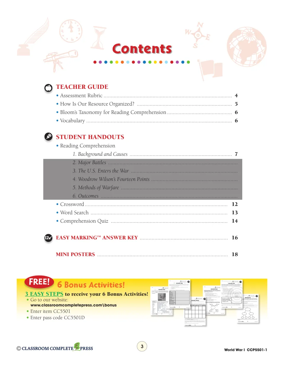 Contents list: teacher guide, Background and Causes reading, crossword, word search, quiz, answer key, mini posters