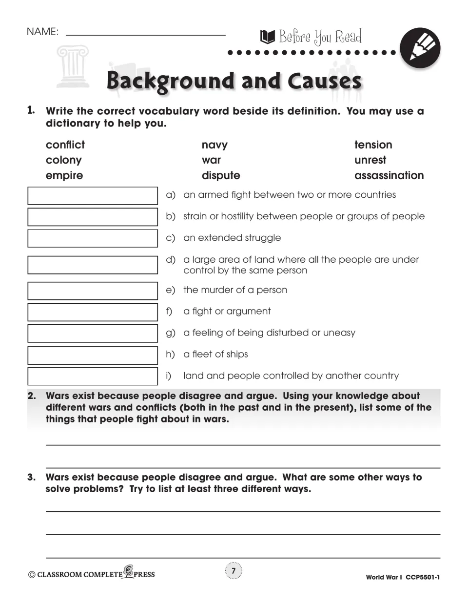 Before You Read: match conflict, navy and 7 more words to definitions, then name things people fight over