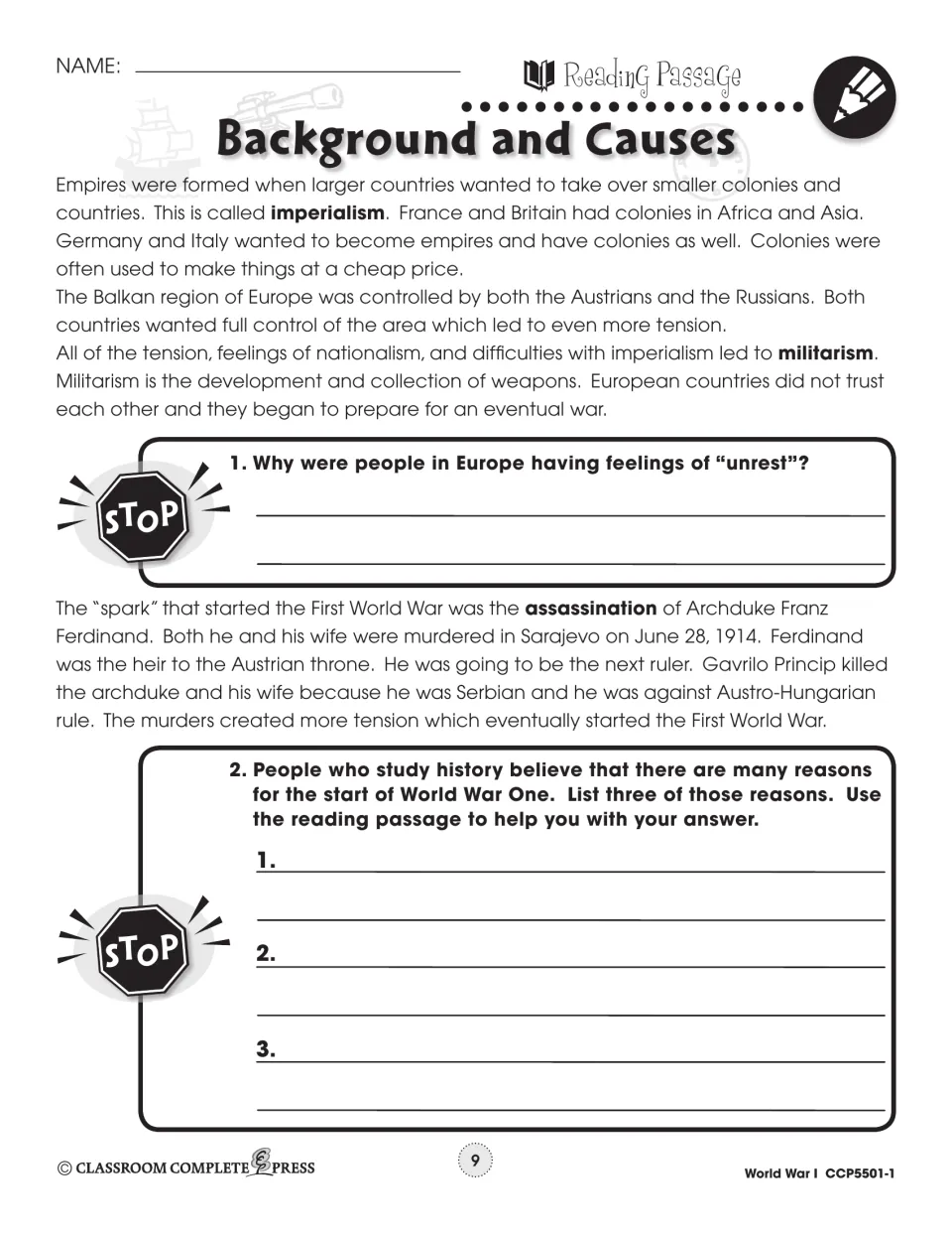 Reading passage part 2: imperialism, militarism and Franz Ferdinand's 1914 assassination, with two stop questions