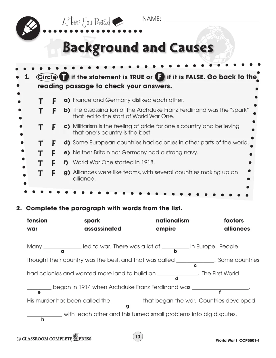 After You Read: 7 true-or-false items and a fill-in paragraph with words like spark, empire and alliances
