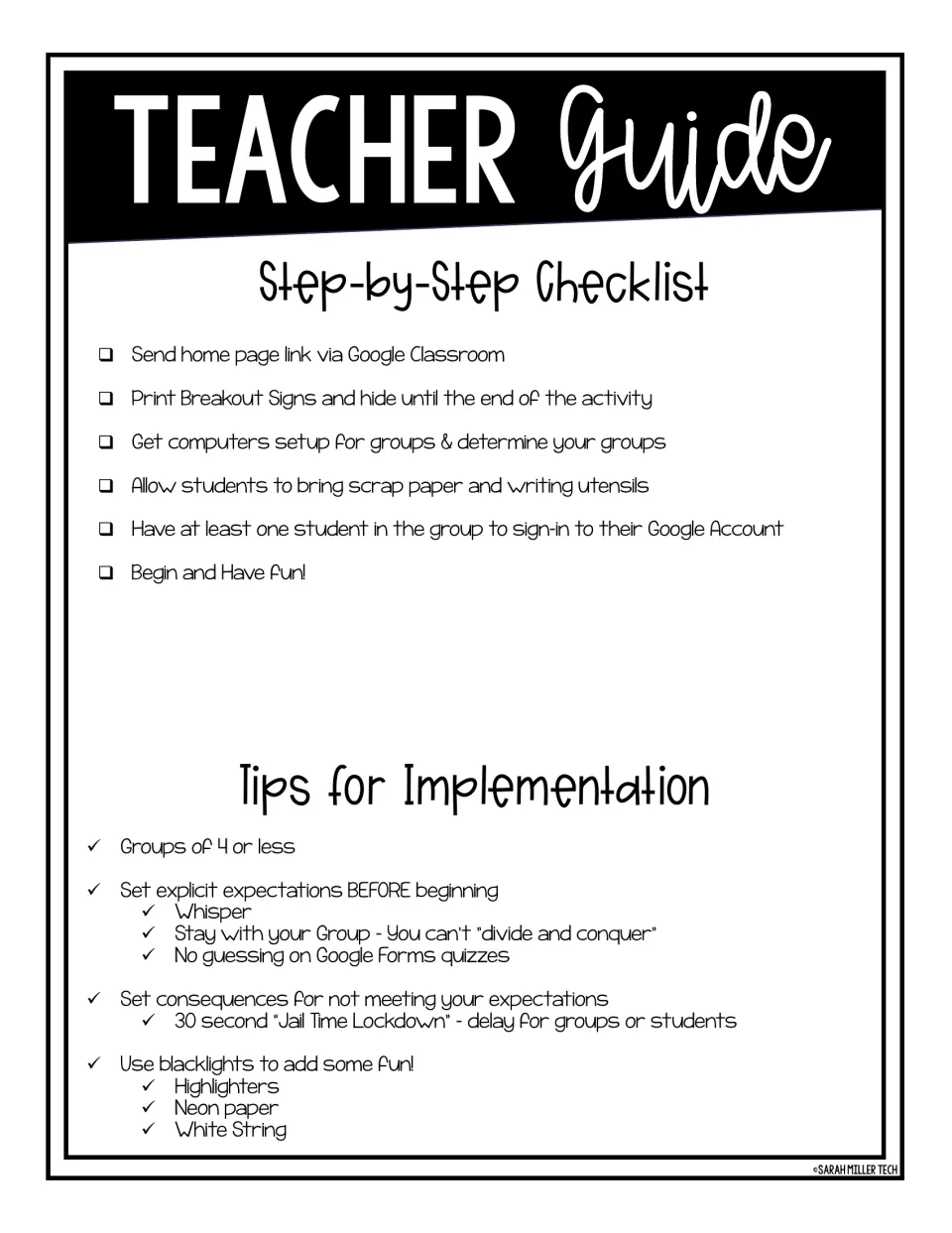 Teacher setup checklist and implementation tips: group size, whisper rules, jail time lockdown and blacklight ideas