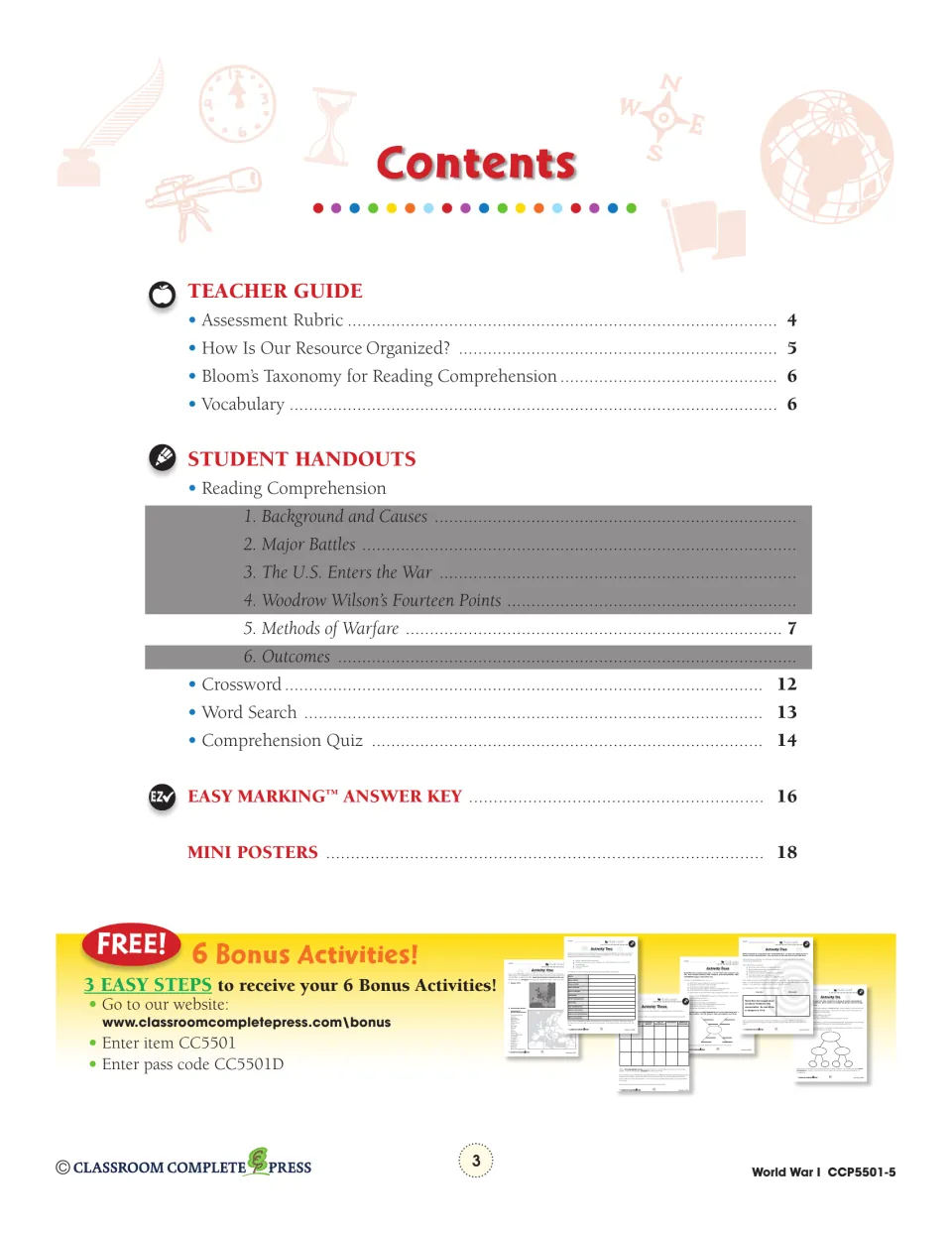 Contents page: teacher guide, Methods of Warfare reading on page 7, crossword, word search, quiz and answer key