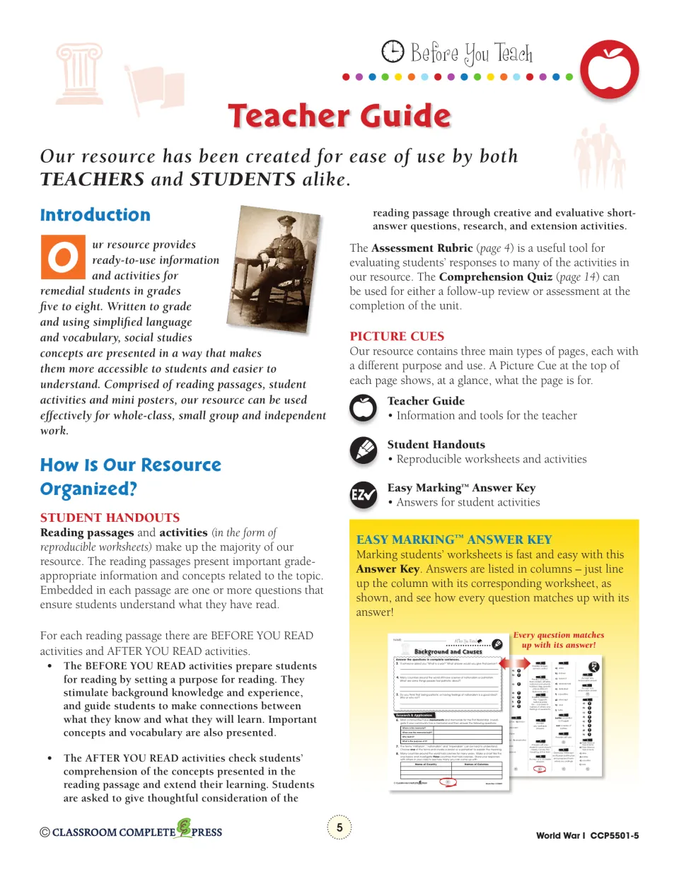 Teacher guide on how the resource is organized: reading passages, before and after reading activities, answer key