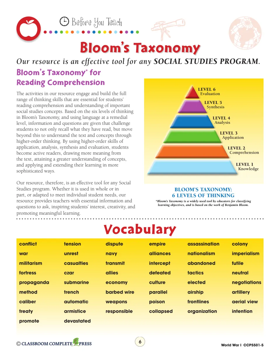 Bloom's Taxonomy pyramid of six thinking levels, plus a vocabulary list: trench, artillery, airship and more